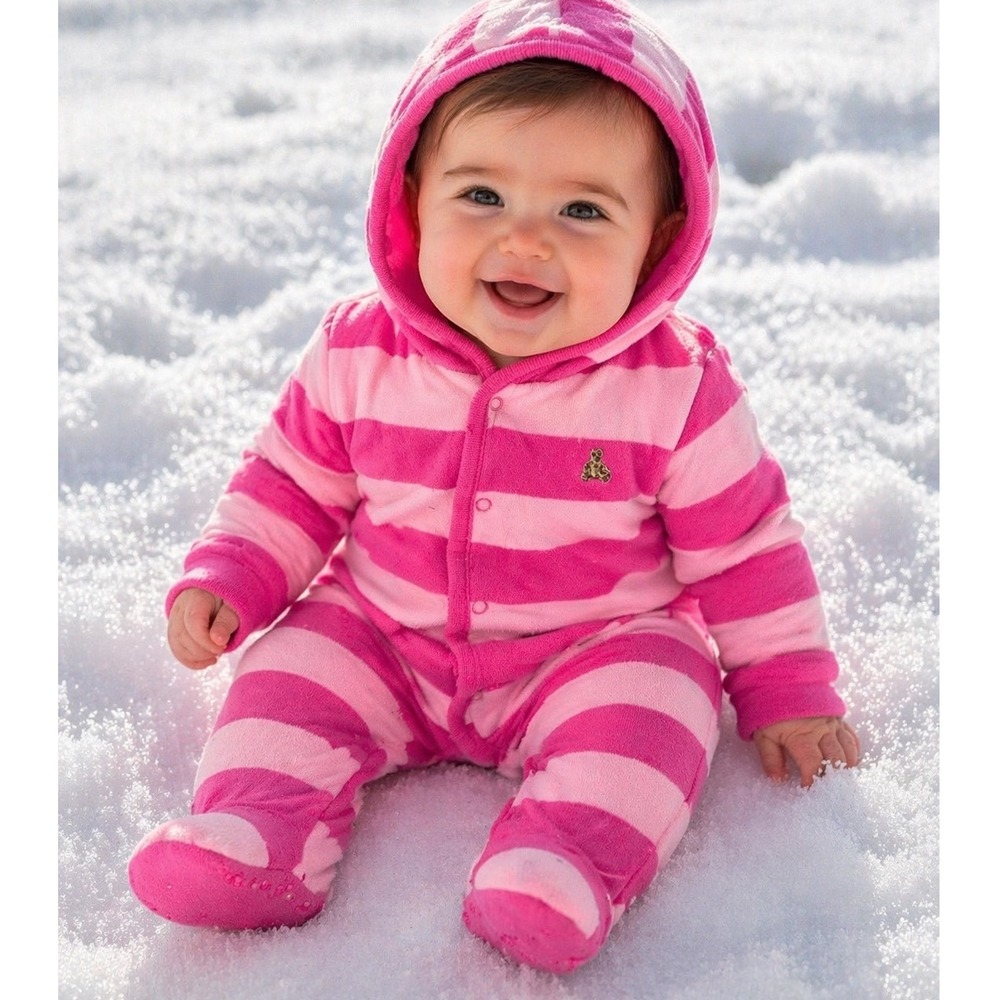 Baby Gap Pink Striped Hooded Footed Bunting Snowsuit Romper 6-12 Months‎ AA1